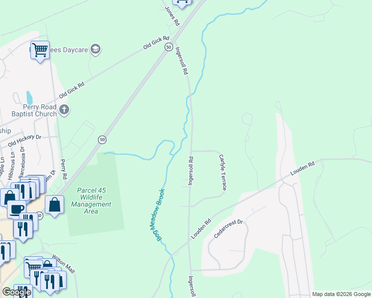 map of restaurants, bars, coffee shops, grocery stores, and more near 150 Ingersoll Road in Saratoga Springs