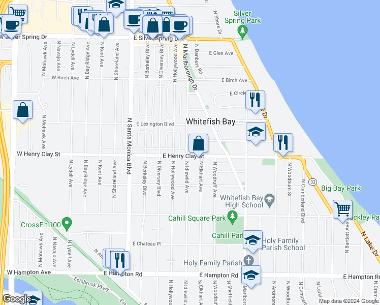 map of restaurants, bars, coffee shops, grocery stores, and more near 700 East Henry Clay Street in Whitefish Bay