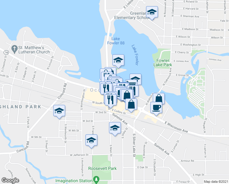 map of restaurants, bars, coffee shops, grocery stores, and more near 118 East Wisconsin Avenue in Oconomowoc