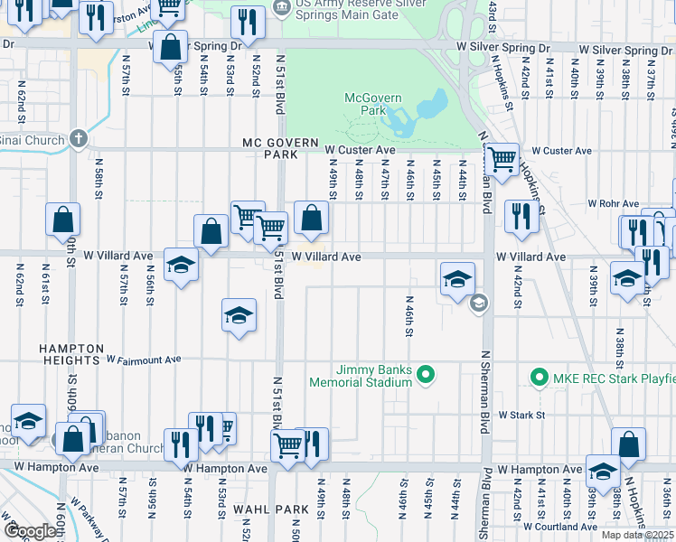 map of restaurants, bars, coffee shops, grocery stores, and more near 5158 North 49th Street in Milwaukee