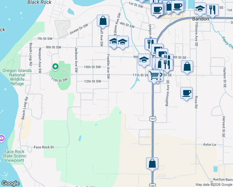 map of restaurants, bars, coffee shops, grocery stores, and more near 55087 Edison Avenue Southwest in Bandon
