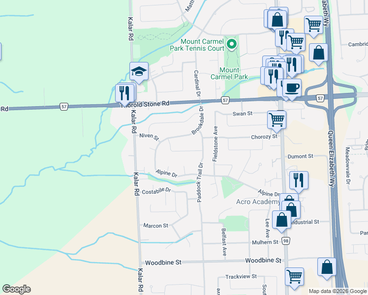 map of restaurants, bars, coffee shops, grocery stores, and more near 8025 Thorton Street in Niagara Falls