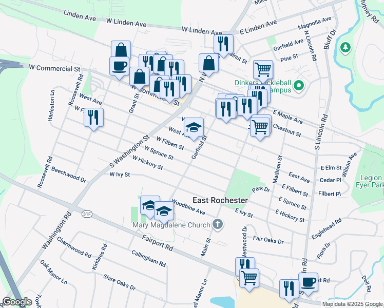map of restaurants, bars, coffee shops, grocery stores, and more near 601 Garfield Street in East Rochester