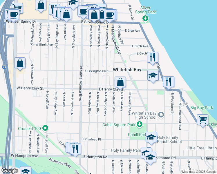 map of restaurants, bars, coffee shops, grocery stores, and more near 600 East Henry Clay Street in Whitefish Bay