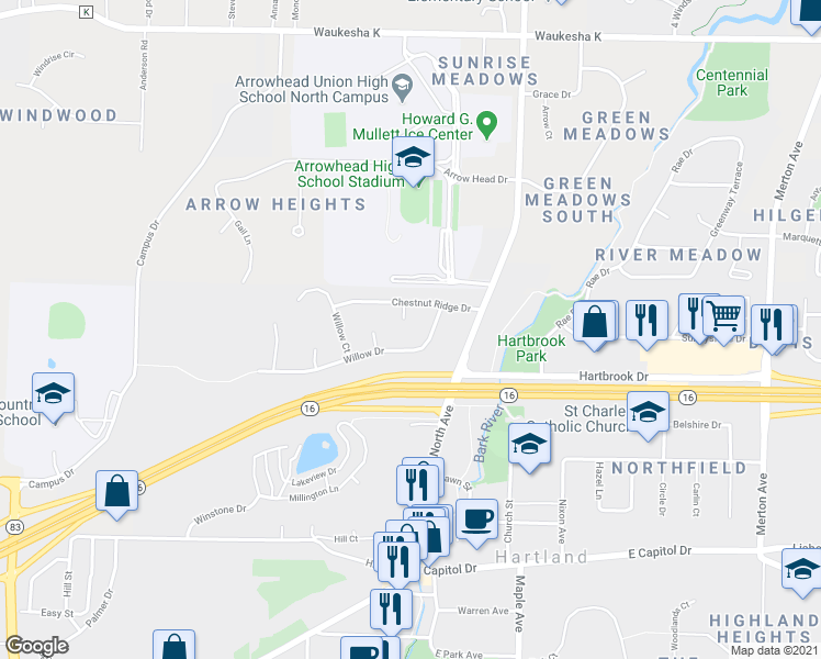 map of restaurants, bars, coffee shops, grocery stores, and more near 151 Poplar Court in Hartland