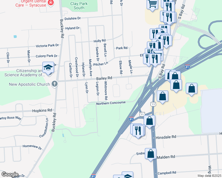 map of restaurants, bars, coffee shops, grocery stores, and more near 112 Circle Road in North Syracuse