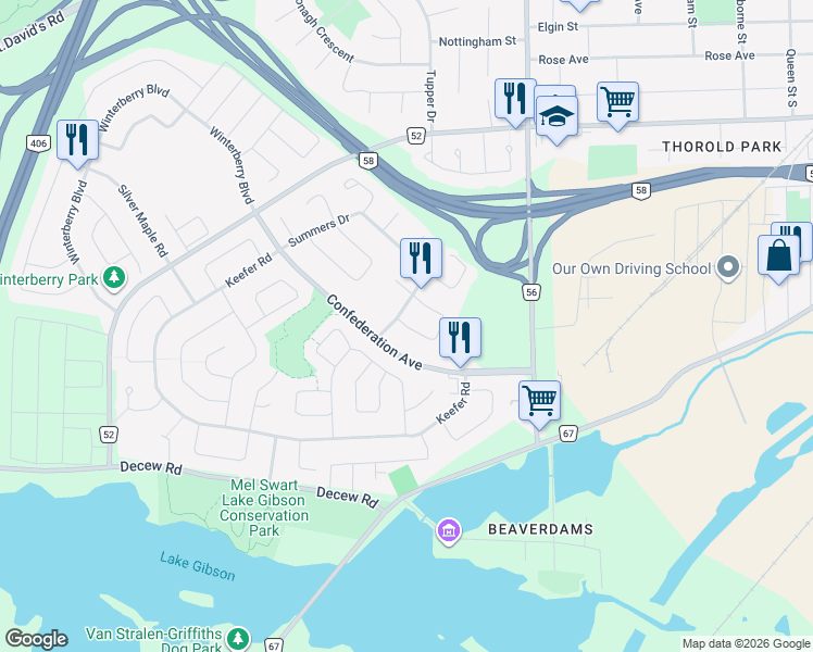 map of restaurants, bars, coffee shops, grocery stores, and more near 44 Devine Crescent in Thorold