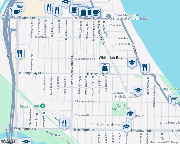 map of restaurants, bars, coffee shops, grocery stores, and more near 5201 North Diversey Boulevard in Whitefish Bay