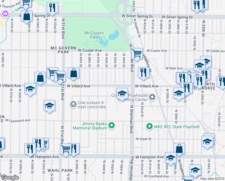 map of restaurants, bars, coffee shops, grocery stores, and more near 5177 North 45th Street in Milwaukee