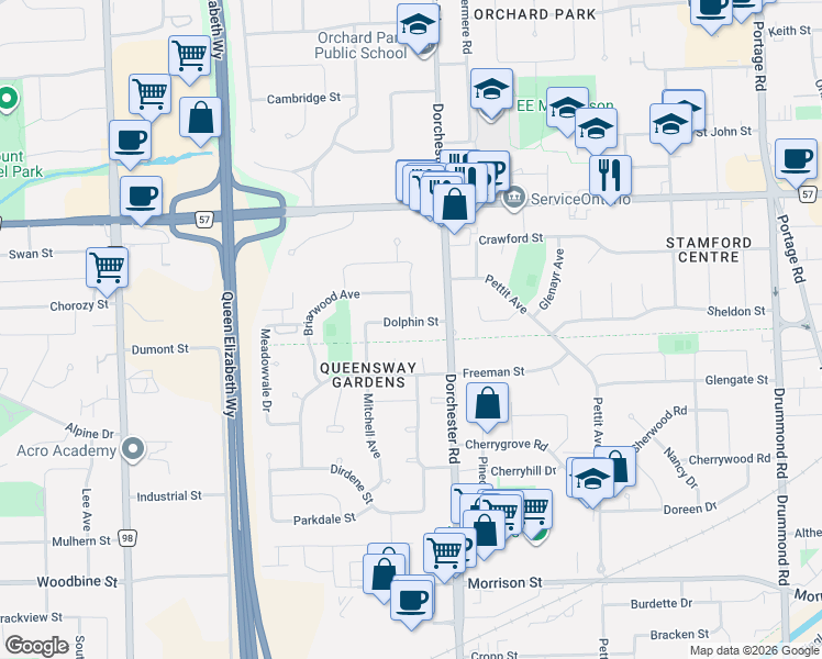 map of restaurants, bars, coffee shops, grocery stores, and more near 6980 Dolphin Street in Niagara Falls