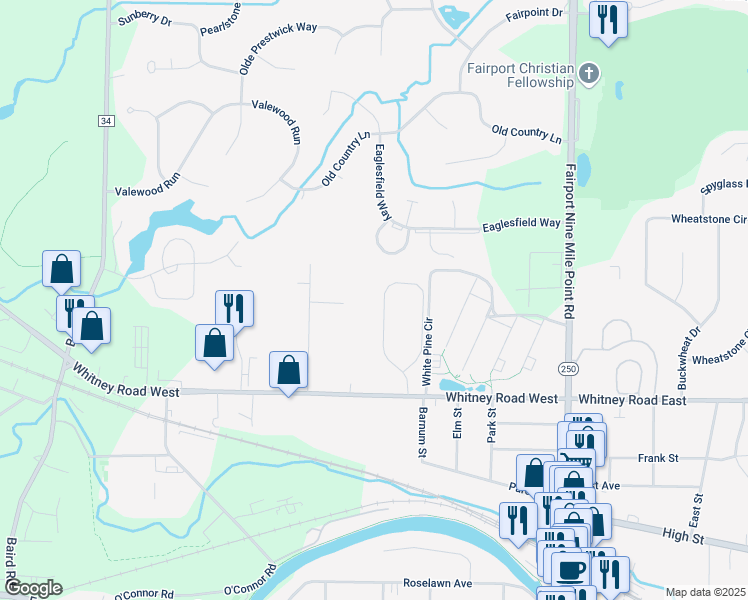 map of restaurants, bars, coffee shops, grocery stores, and more near 27 Edendery Circle in Fairport