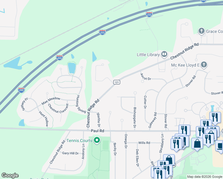 map of restaurants, bars, coffee shops, grocery stores, and more near 385 Chestnut Ridge Road in Rochester