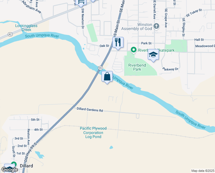 map of restaurants, bars, coffee shops, grocery stores, and more near 8374 Old Highway 99 South in Winston