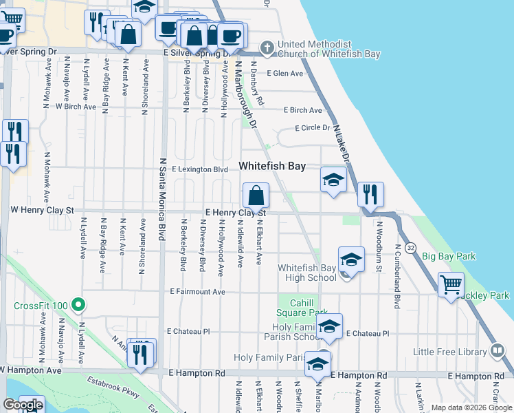 map of restaurants, bars, coffee shops, grocery stores, and more near 712 East Henry Clay Street in Whitefish Bay