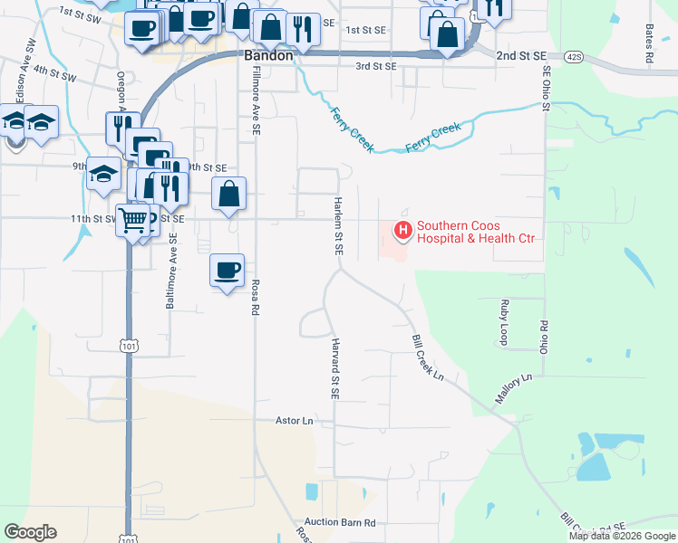 map of restaurants, bars, coffee shops, grocery stores, and more near 1520 Harvard Street Southeast in Bandon