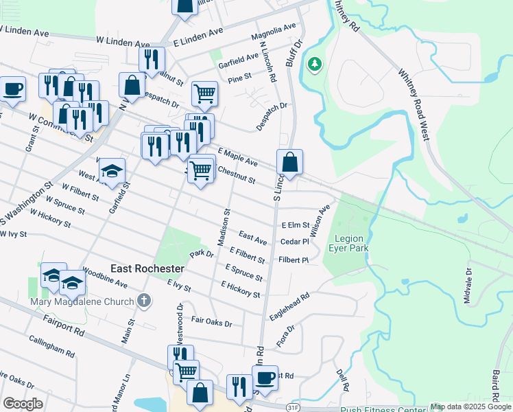 map of restaurants, bars, coffee shops, grocery stores, and more near 220 East Commercial Street in East Rochester