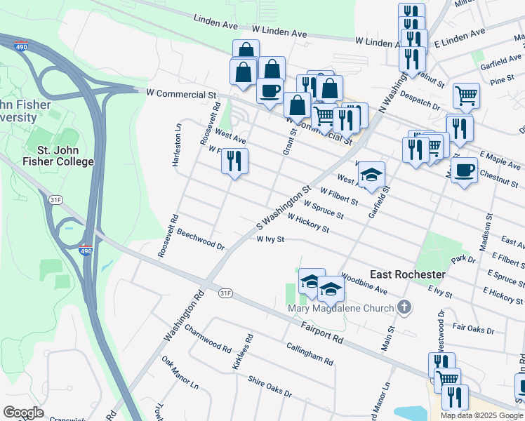 map of restaurants, bars, coffee shops, grocery stores, and more near 803 South Washington Street in East Rochester