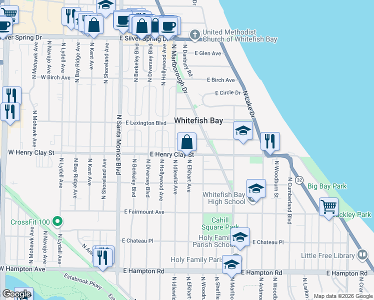 map of restaurants, bars, coffee shops, grocery stores, and more near 712 East Henry Clay Street in Whitefish Bay