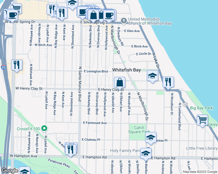map of restaurants, bars, coffee shops, grocery stores, and more near 600 East Henry Clay Street in Whitefish Bay