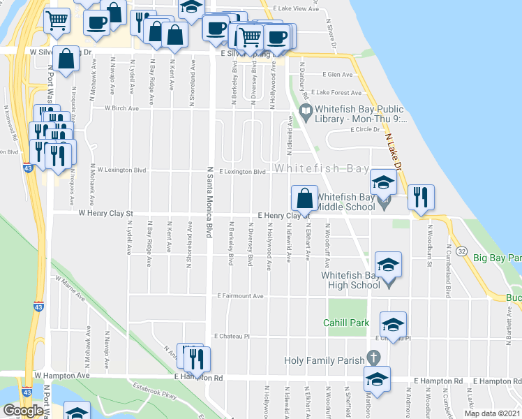 map of restaurants, bars, coffee shops, grocery stores, and more near 5201 North Diversey Boulevard in Whitefish Bay