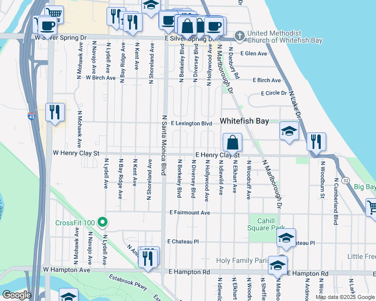 map of restaurants, bars, coffee shops, grocery stores, and more near 5201 North Diversey Boulevard in Whitefish Bay