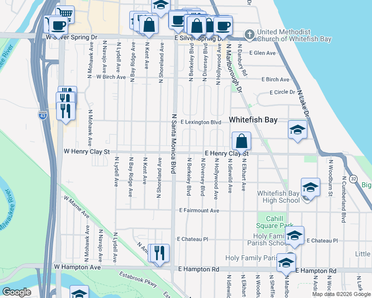 map of restaurants, bars, coffee shops, grocery stores, and more near 330 East Henry Clay Street in Milwaukee