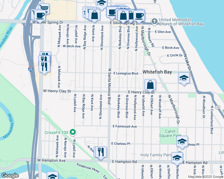 map of restaurants, bars, coffee shops, grocery stores, and more near 330 East Henry Clay Street in Whitefish Bay