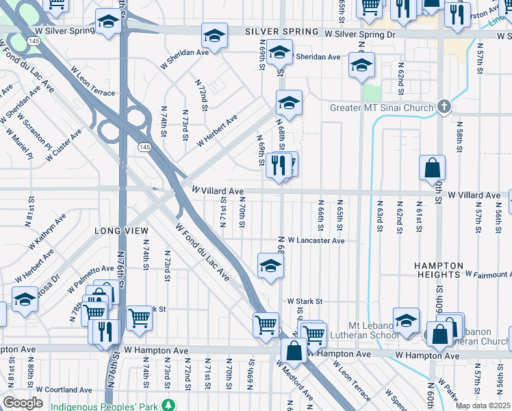 map of restaurants, bars, coffee shops, grocery stores, and more near 5171 North 69th Street in Milwaukee