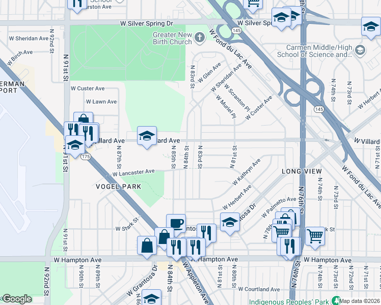 map of restaurants, bars, coffee shops, grocery stores, and more near 5144 North 84th Street in Milwaukee