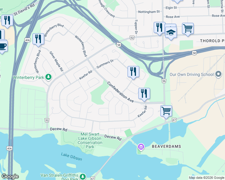 map of restaurants, bars, coffee shops, grocery stores, and more near 50 Culligan Crescent in Thorold