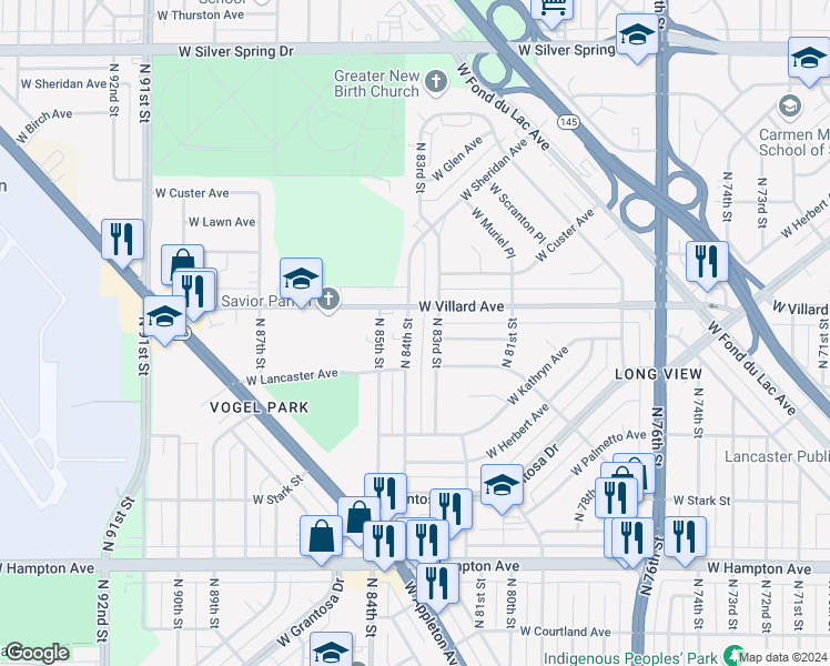 map of restaurants, bars, coffee shops, grocery stores, and more near 5144 North 84th Street in Milwaukee
