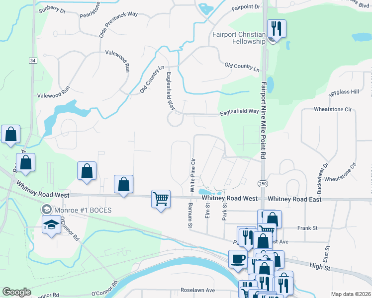 map of restaurants, bars, coffee shops, grocery stores, and more near 57 Edendery Circle in Fairport