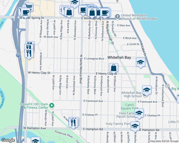 map of restaurants, bars, coffee shops, grocery stores, and more near 330 East Henry Clay Street in Whitefish Bay