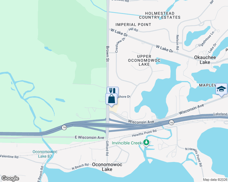 map of restaurants, bars, coffee shops, grocery stores, and more near W359N5090 Brown Street in Oconomowoc