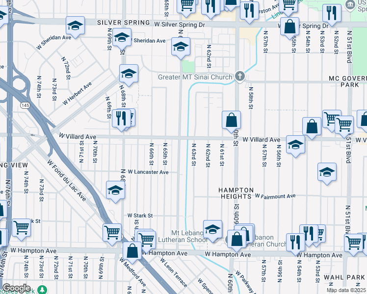 map of restaurants, bars, coffee shops, grocery stores, and more near 5171 North 64th Street in Milwaukee