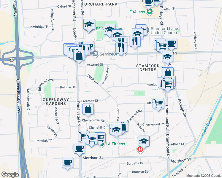 map of restaurants, bars, coffee shops, grocery stores, and more near 6640 Sheldon Street in Niagara Falls