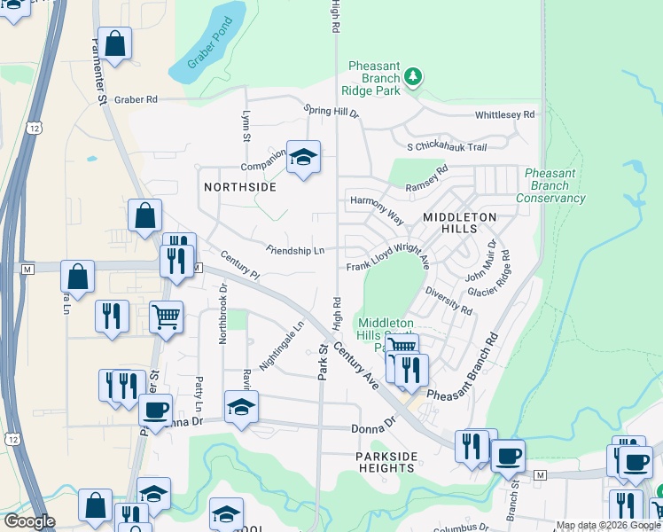 map of restaurants, bars, coffee shops, grocery stores, and more near 3336 High Road in Middleton