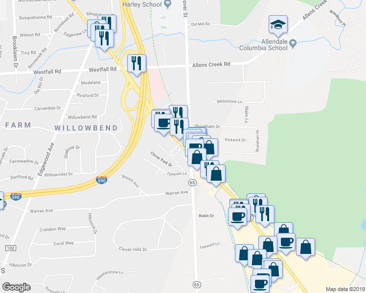 map of restaurants, bars, coffee shops, grocery stores, and more near 2845 Monroe Avenue in Rochester