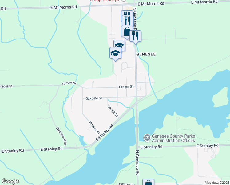 map of restaurants, bars, coffee shops, grocery stores, and more near 7203 Rogers Street in Genesee charter Township