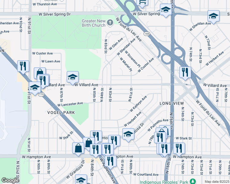 map of restaurants, bars, coffee shops, grocery stores, and more near 8228 West Eggert Place in Milwaukee