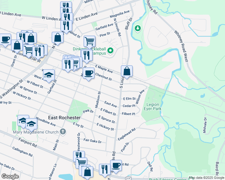 map of restaurants, bars, coffee shops, grocery stores, and more near 224 East Commercial Street in East Rochester