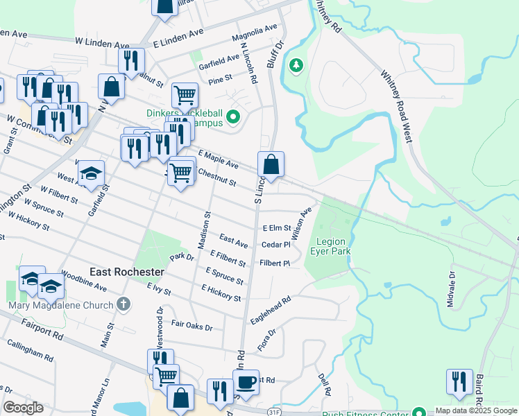 map of restaurants, bars, coffee shops, grocery stores, and more near 212 County Road 36 in East Rochester