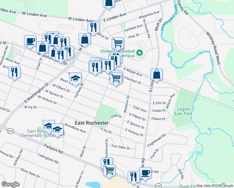 map of restaurants, bars, coffee shops, grocery stores, and more near 122 E Elm St in East Rochester