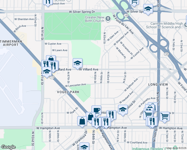 map of restaurants, bars, coffee shops, grocery stores, and more near 5149 North 85th Street in Milwaukee