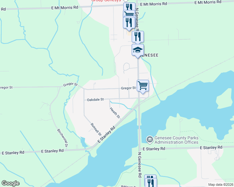 map of restaurants, bars, coffee shops, grocery stores, and more near 7203 Rogers Street in Genesee County