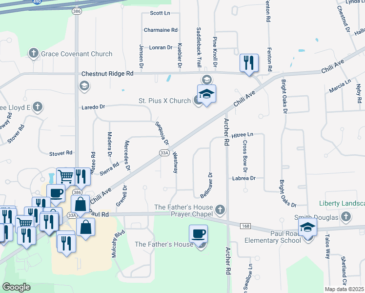map of restaurants, bars, coffee shops, grocery stores, and more near 3037 Chili Avenue in Rochester