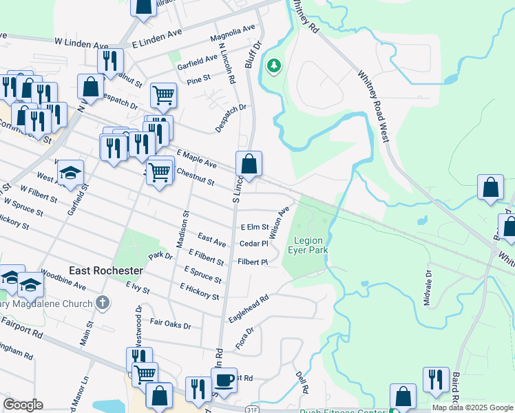 map of restaurants, bars, coffee shops, grocery stores, and more near 317 East Commercial Street in East Rochester