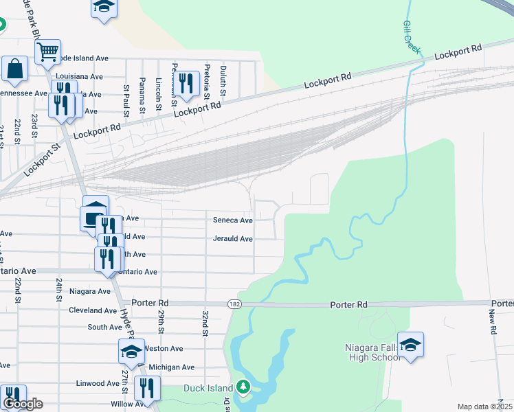 map of restaurants, bars, coffee shops, grocery stores, and more near 3279 Fairfield Avenue in Niagara Falls