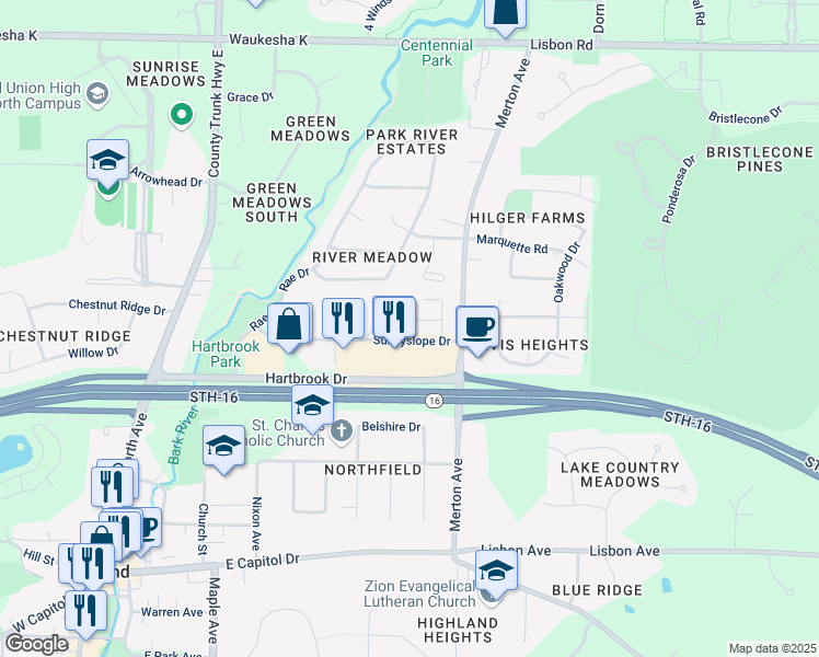 map of restaurants, bars, coffee shops, grocery stores, and more near 625 Sunnyslope Drive in Hartland