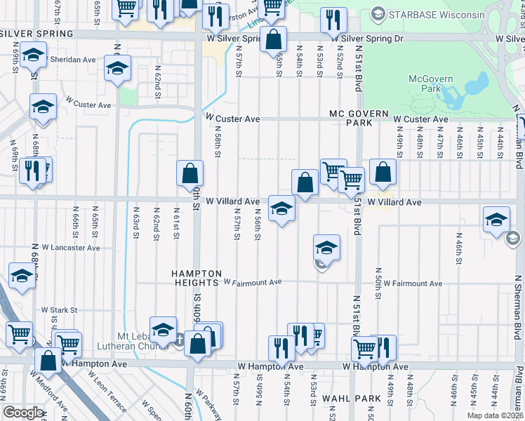 map of restaurants, bars, coffee shops, grocery stores, and more near 5162 North 56th Street in Milwaukee